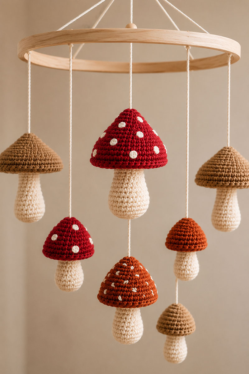Close view of crochet mushroom mobile pieces for a woodland nursery
