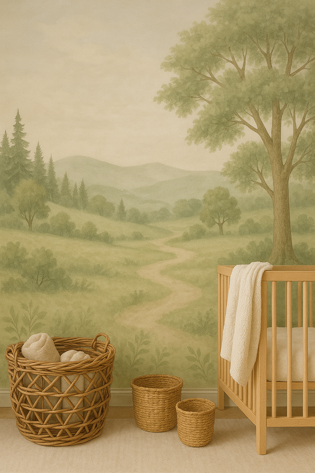 Soft woodland DIY baby nursery wall mural painting with trees and rolling hills in a neutral room theme