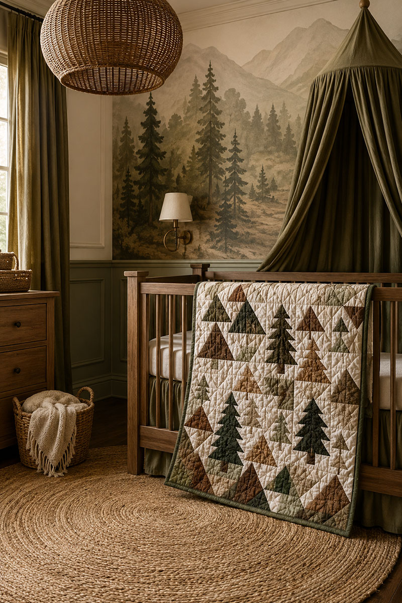 Woodland nursery patterns with a handmade baby quilt, crochet forest animals, mushrooms, leaves, and nursery decor ideas