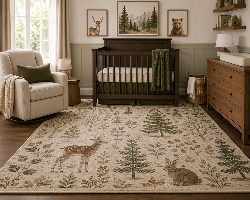 Woodland nursery rug coordinated with nursery decor