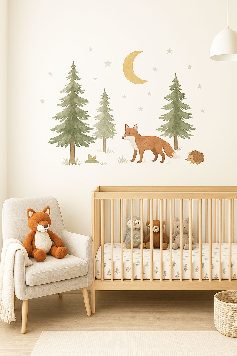 Neutral woodland baby nursery with soft forest animals, rustic shelves, and warm textured decor