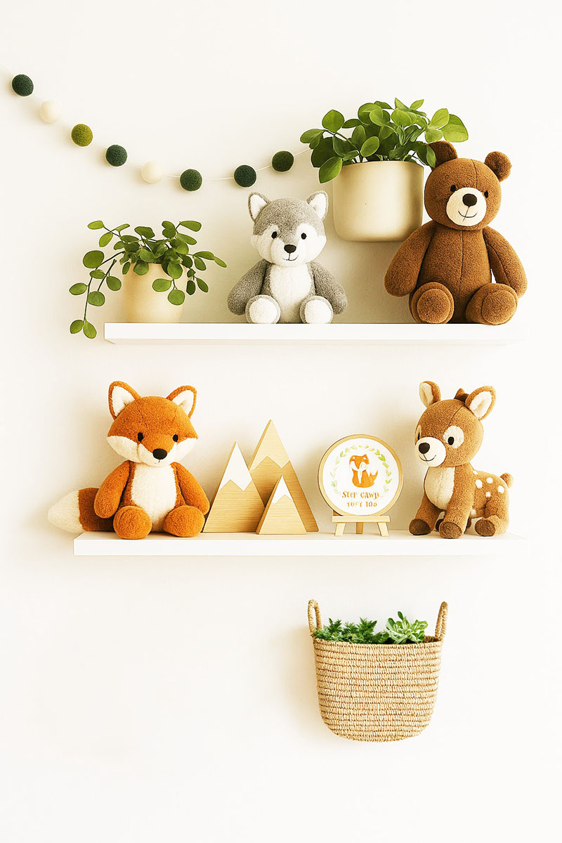 Woodland baby nursery shelves with plush forest animals, greenery, and handcrafted decor
