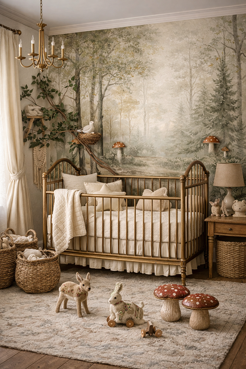 Woodland nursery with hand-painted forest wall mural, refinished vintage crib, handmade mushroom stools, twig baskets, and vintage animal toys
