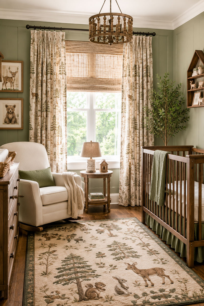 Woodland nursery featuring nature inspired curtains and coordinated decor
