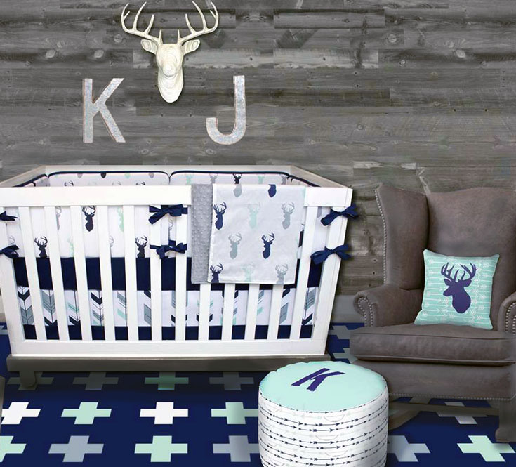 Rustic woodland forest animals deer baby nursery theme decorating ideas in mint green, navy blue and white.