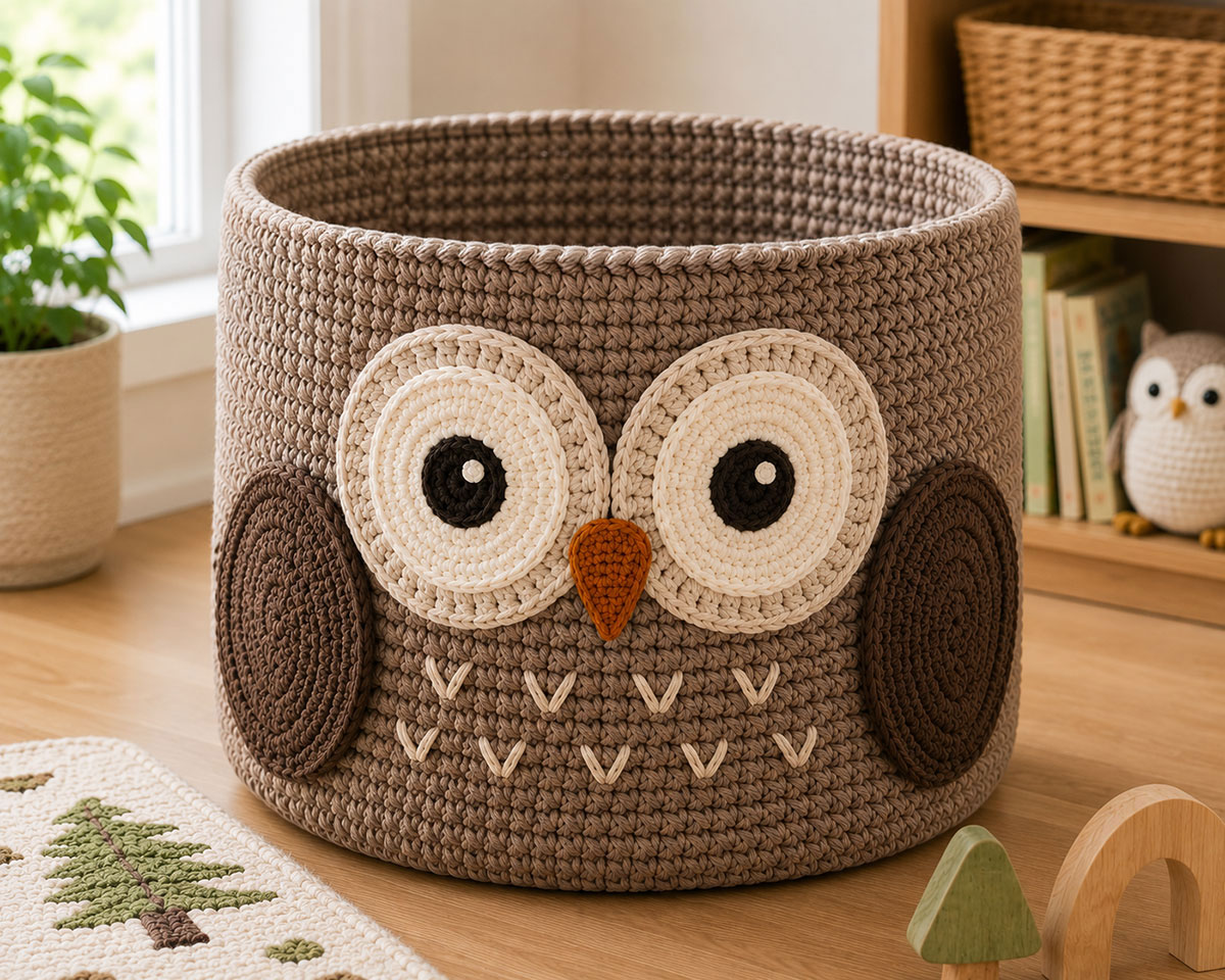 Completed XXL woodland owl crochet storage basket with pointed ears, layered eye panels, embroidered details, side wings and raised handles