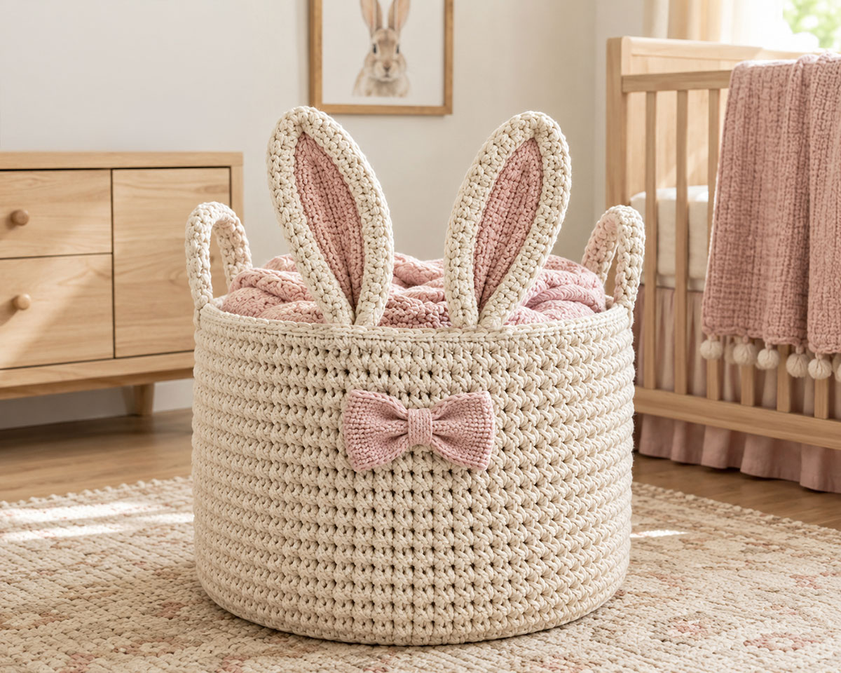 Rustic woodland rabbit crochet storage basket in oatmeal with cocoa inner ears and a cinnamon bow