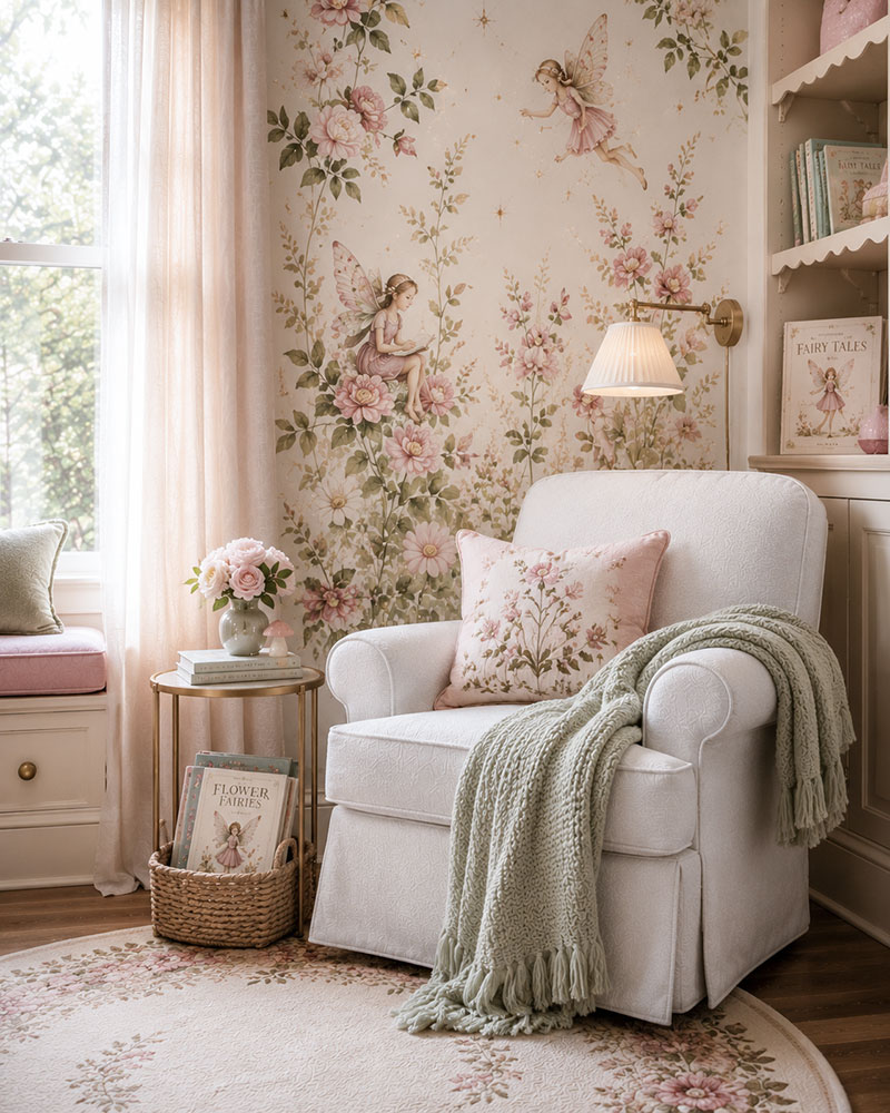 Woodland nursery reading corner with forest decor and evening nursery lighting