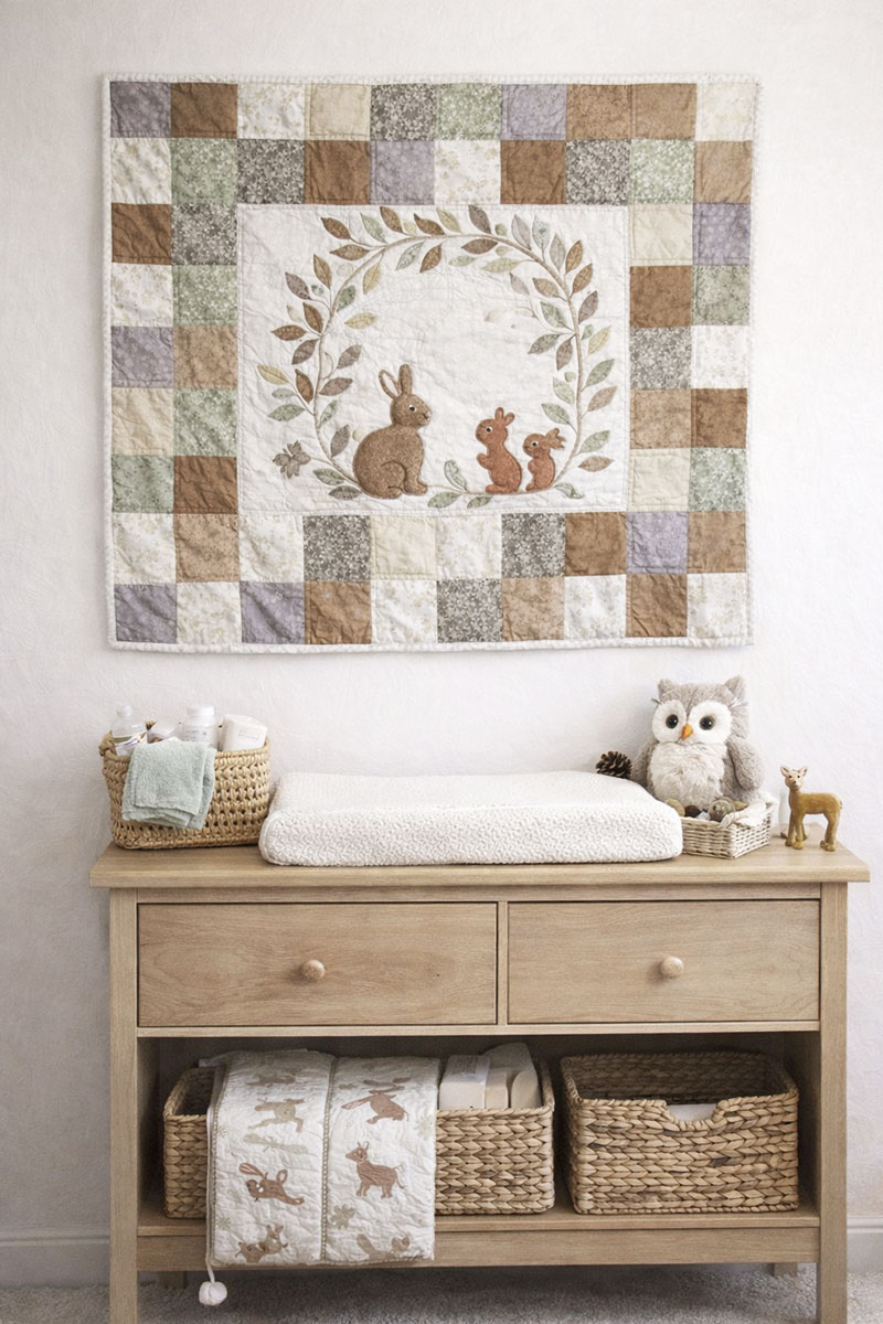 Patchwork border baby quilt with woodland animals appliqué used as nursery wall hanging