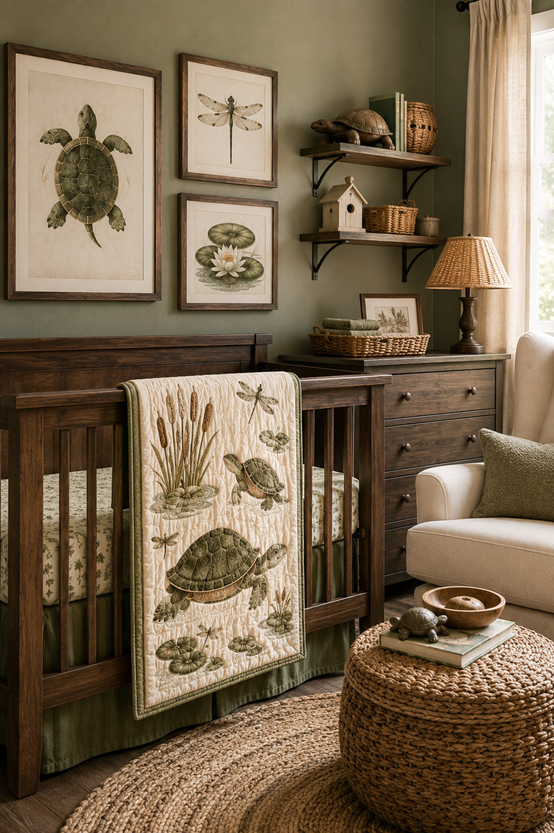 Woodland turtle nursery wall decor with watercolor lilypads, dragonfly pond artwork and dark stained wood furniture