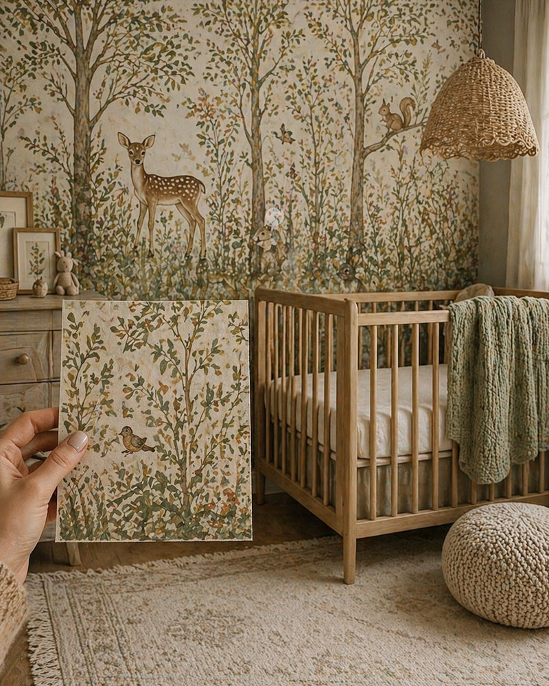 Woodland nursery wallpaper sample held beside a crib wall with muted forest colors and neutral nursery decor
