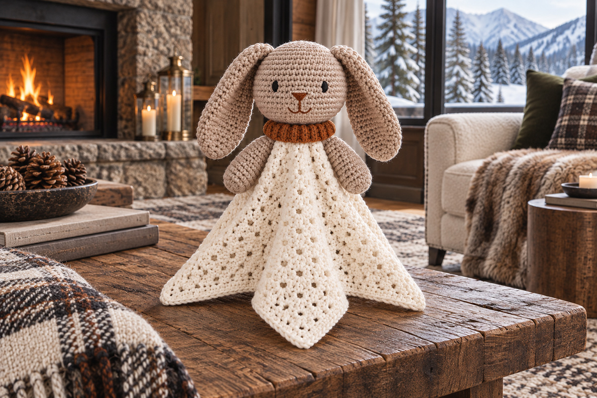 Woodland winter bunny lovey crochet pattern with ivory draping body, mushroom bunny head, floppy ears and cinnamon crochet collar