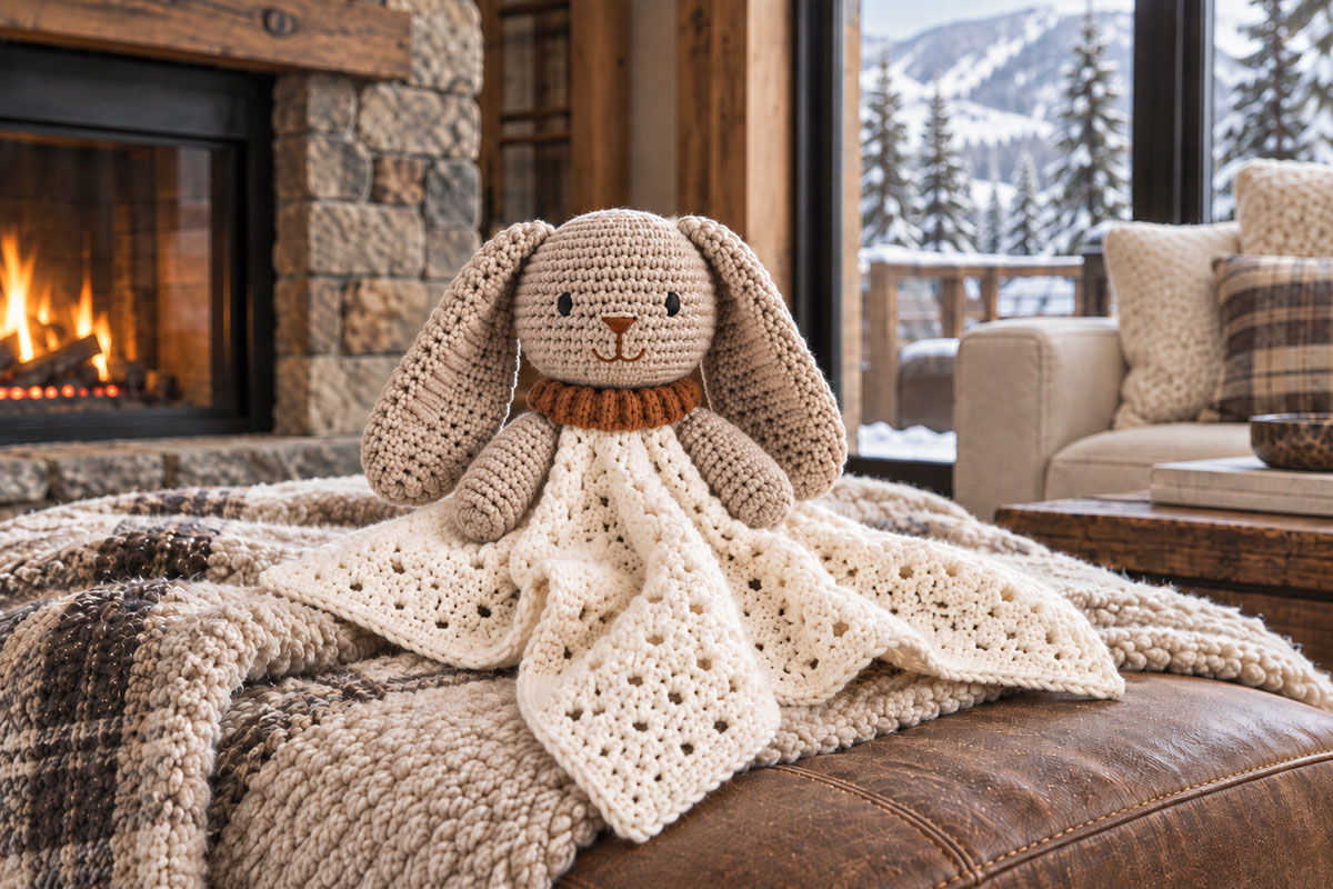 Finished woodland winter bunny lovey with ivory draping body, mushroom floppy ears and cinnamon collar in a snowy ski lodge