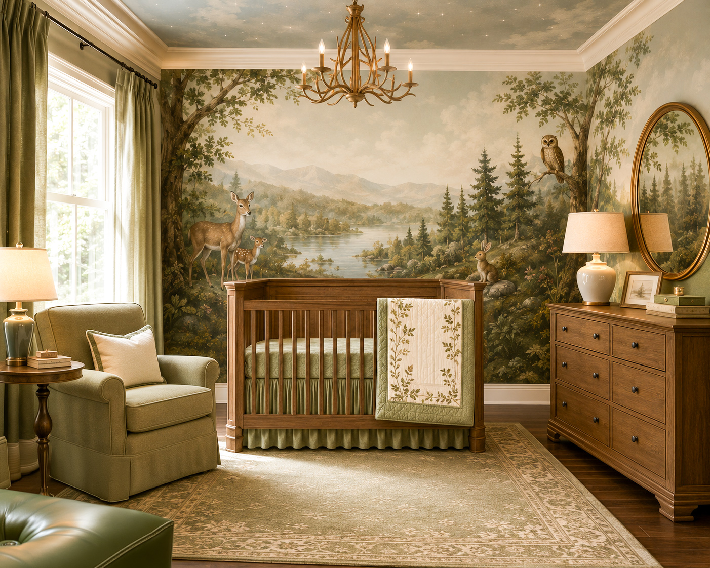 Woodland nursery theme with hand-painted forest mural, natural wood crib, owl, raccoon, fox and deer