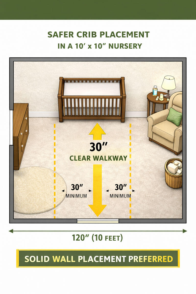 Top-down diagram showing a 10x10 nursery layout with crib centered on a solid wall and clear walkway preserved