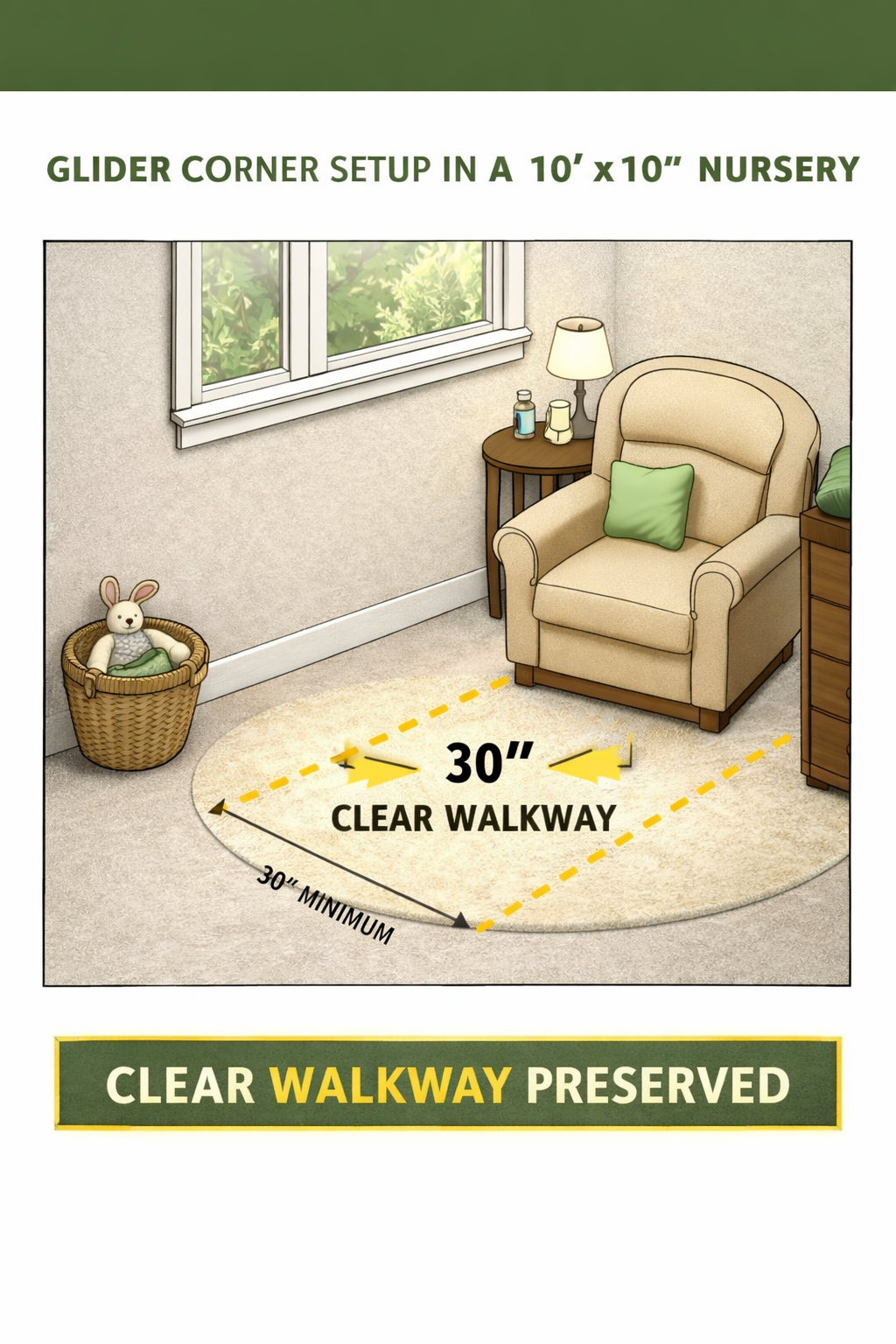 Small 10x10 nursery seating corner with a glider placed to keep walkways open