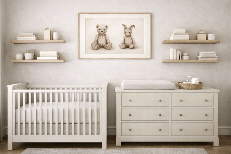 12x12 nursery with crib, dresser changing station, and glider chair arranged for easy daily use