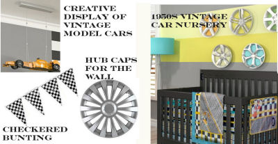 Baby boy retro 1950s vintage car theme nursery room with car themed crib bedding