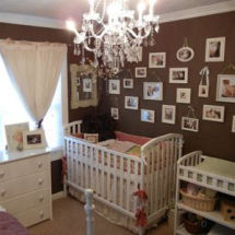 Shabby chic gender neutral unisex chocolate brown vintage nursery with antique white crib bedding