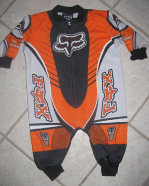 Baby motorcycle or motocross Fox racing sleeper pajamas.