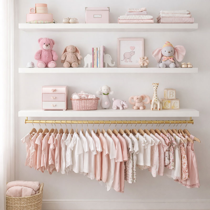 Baby girl nursery closet organization ideas for clothes and outfits with matching hangers