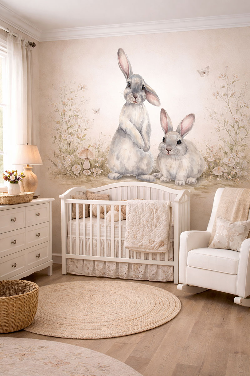 Cute bunny rabbit wall decals and stickers in a neutral yellow pink and white moon and stars theme baby nursery