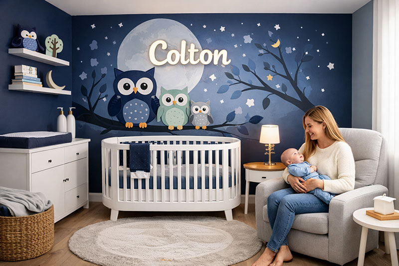 Owl baby nursery ideas with cozy woodland decor in a blue and white woodland forest theme baby room