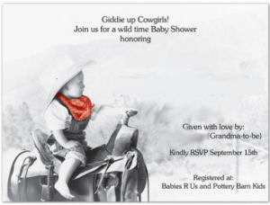 Personalized baby cowboy and cowgirl baby shower invitations with a picture of a baby on a horse wearing a cowboy hat and a red bandanna