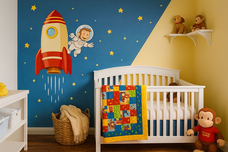 Curious George astronaut nursery theme with a playful space mural, rocket ship artwork, and a cozy baby crib