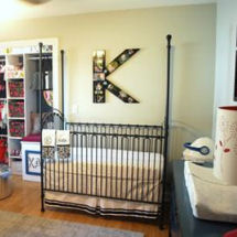 Baby girl blue, gray and white with dark pink nursery