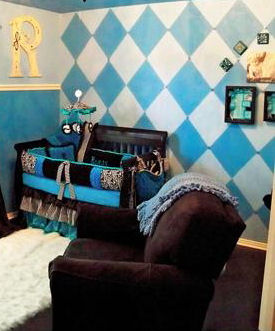 Blue and white diamonds argyle painting on a baby boy nursery room wall