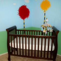 Neutral baby Dr Seuss nursery with truffula trees wall decals stickers