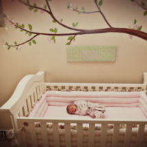 Pink and brown baby girl nursery with cherry tree wall mural with flowers on the branches