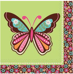 Hippie Chick Flower Power 1960s Pink, Lime Green, Brown and Aqua Blue Butterfly Baby Shower Napkins