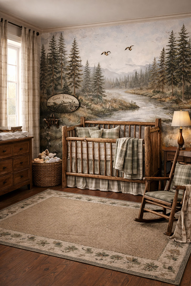 Rustic hunting themed baby nursery mural featuring deer, ducks, and forest scenery