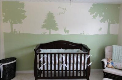 Baby Nursery Wall Mural Painting with Whitetail Deer, Ducks and a Forest of Trees in Sage Green Color Paint