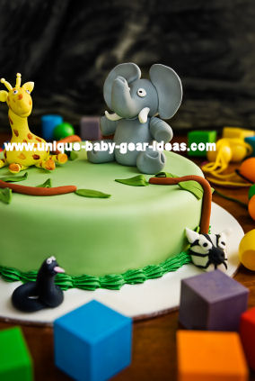 Jungle Safari Theme Baby Shower Cake Decorated with Fondant Elephants, Giraffes, Zebras and a (YIKES) Friendly Boa Constrictor
