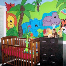 Bright and Lively Jungle theme baby nursery wall mural with giraffes, lions, tigers, hippos and elephants