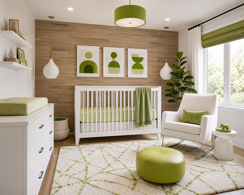 Contemporary modern lime green and white nursery with solid white glider rocker