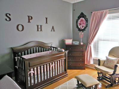 Pink and Gray Nursery with Baby Girl Name Letters Decorating the Wall over the Crib