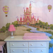 Pink, brown and white princess castle mural in a baby girl nursery