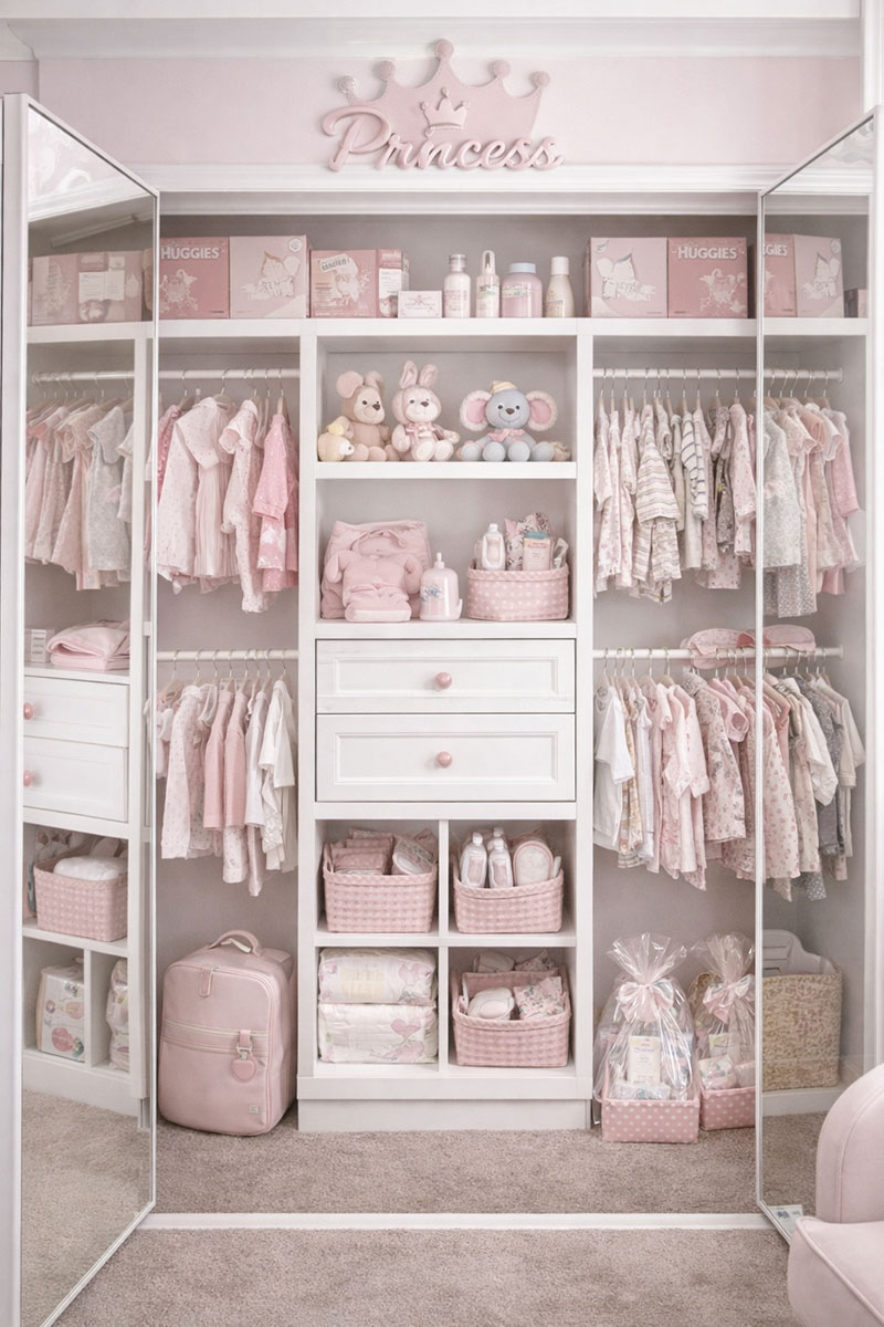 Closet organizer system in a pink princess theme baby nursery closet