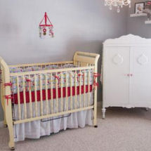 Ruby red antique white and gray baby girl nursery with apple theme crib bedding