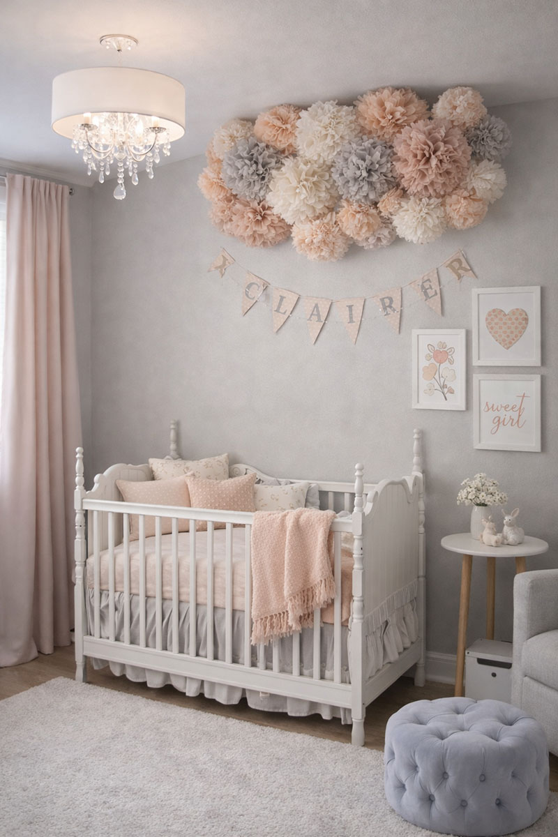 Peach pink ivory and gray baby girl nursery room