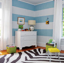 Baby blue and white boy modern nursery theme decor with painted horizontal wall stripes