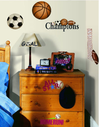 All star baby boy nursery wall decals with large and small soccer balls, baseballs, footballs and basketballs stickers