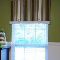Olive green antique white and brown striped baby boy custom nursery window valance with button tabs