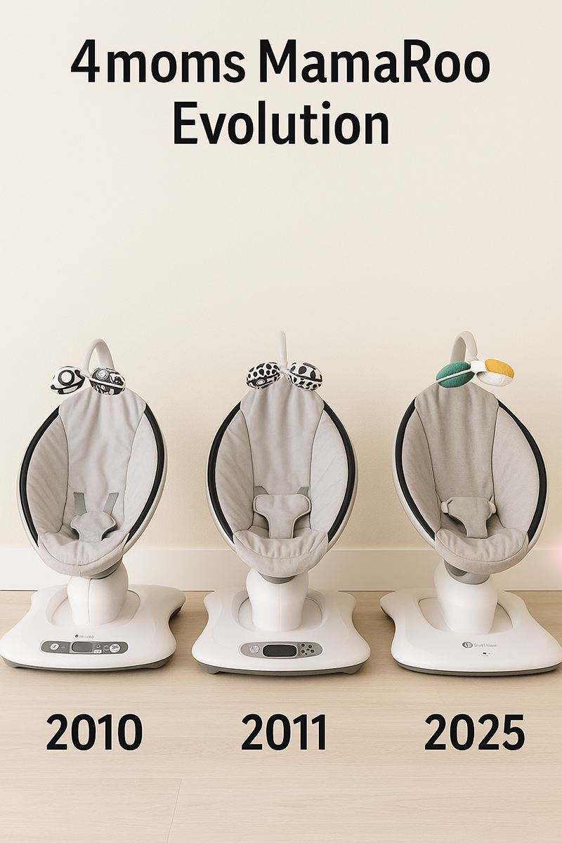 Comparison image showing 2010, 2011, and 2025 4moms MamaRoo models