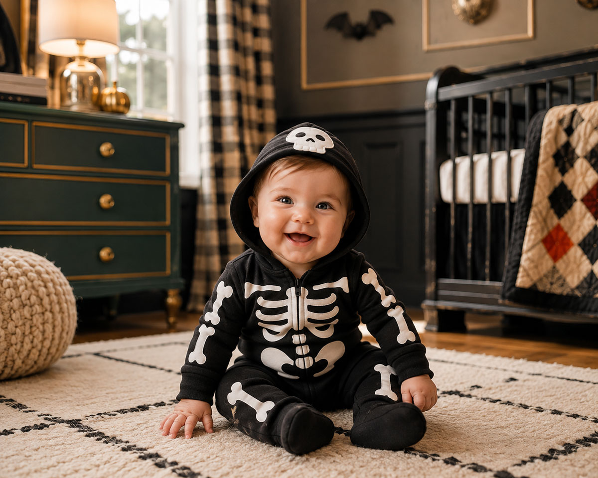 Older infant in a lightweight Halloween costume with free movement for sitting and crawling