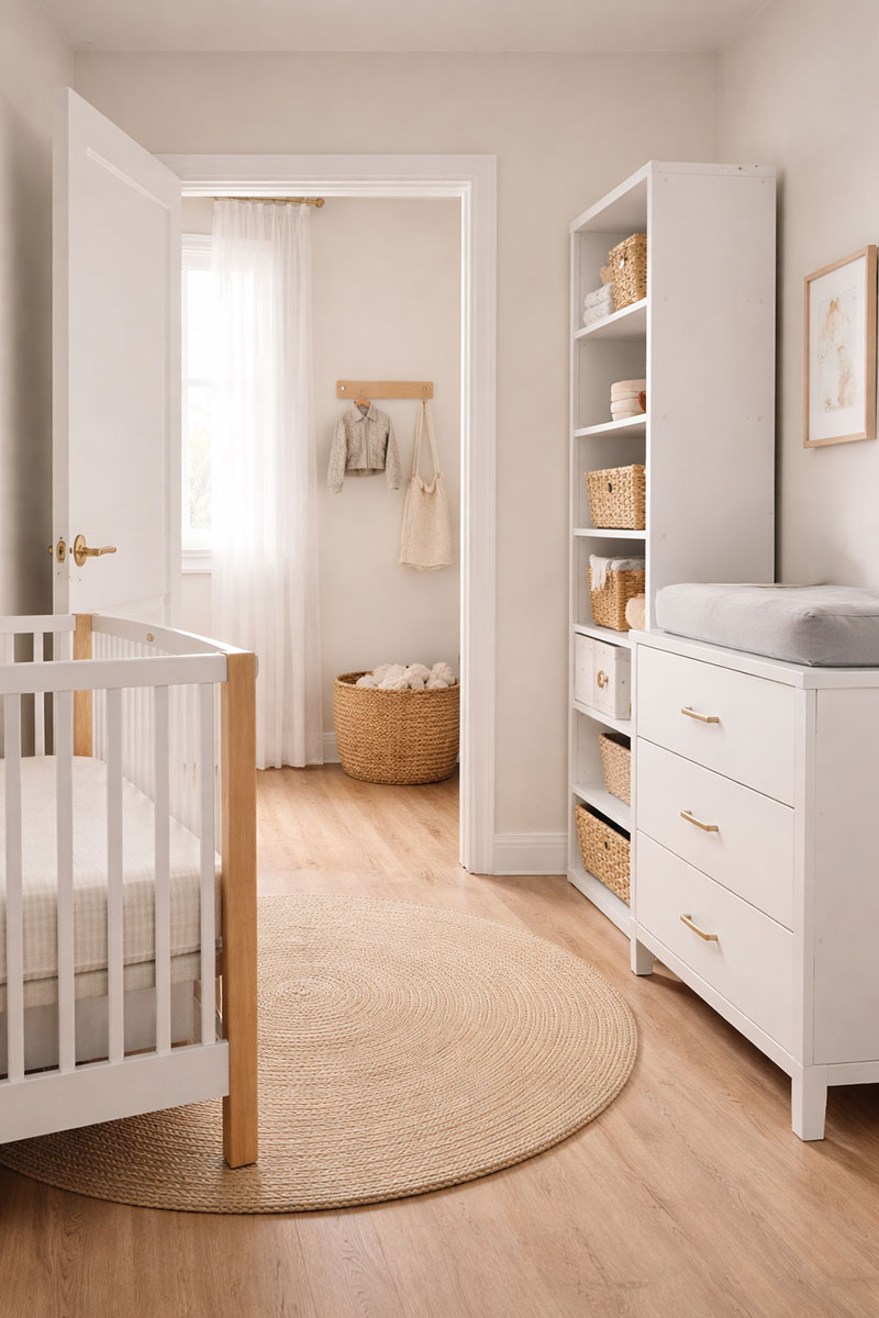 8x10 nursery layout showing clear doorway swing and open walking path to crib